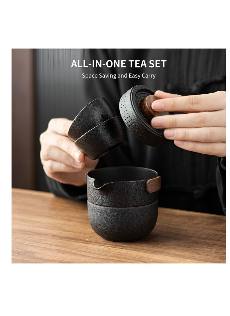 Excefore - Portable Teapot Set, Portable Kung Fu Tea Set, Mini Traveling Chinese Ceramic Teapot with 3 Cups All in One Travel Bag, Ideal for Travel, Camping, Picnic, Black - Image 1