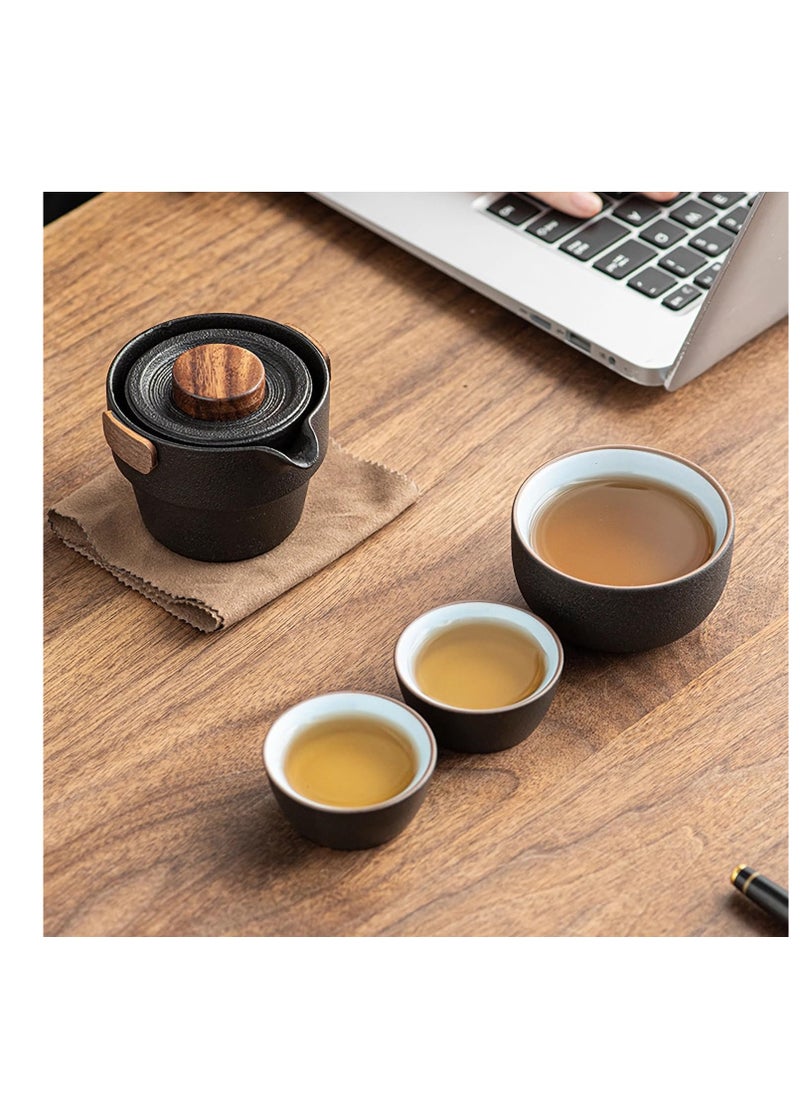 Excefore - Portable Teapot Set, Portable Kung Fu Tea Set, Mini Traveling Chinese Ceramic Teapot with 3 Cups All in One Travel Bag, Ideal for Travel, Camping, Picnic, Black - Image 1