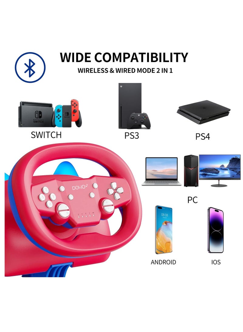 Wireless Gaming Racing Wheel with Cat Ear Light, Bluetooth Wired Dual-Mode Steering Wheel for Nintendo Switch, PC, PS4, PS3, ios/Android mobile phones, Tablets Red Blue - Image 2