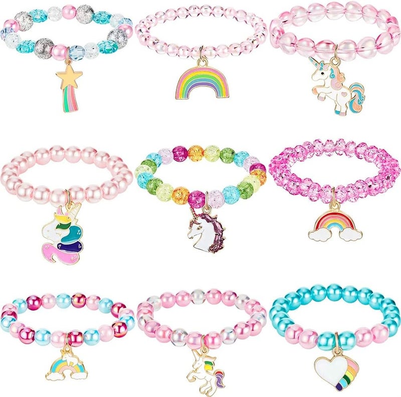 Colorful Unicorn Bracelet, Girls Unicorn Bracelets Rainbow Unicorn Beaded Bracelet Acrylic Bracelet for Birthday Party Favors Pretend Play Friendship Jewelry Dress Up Game Props, 9 Pieces - Image 1