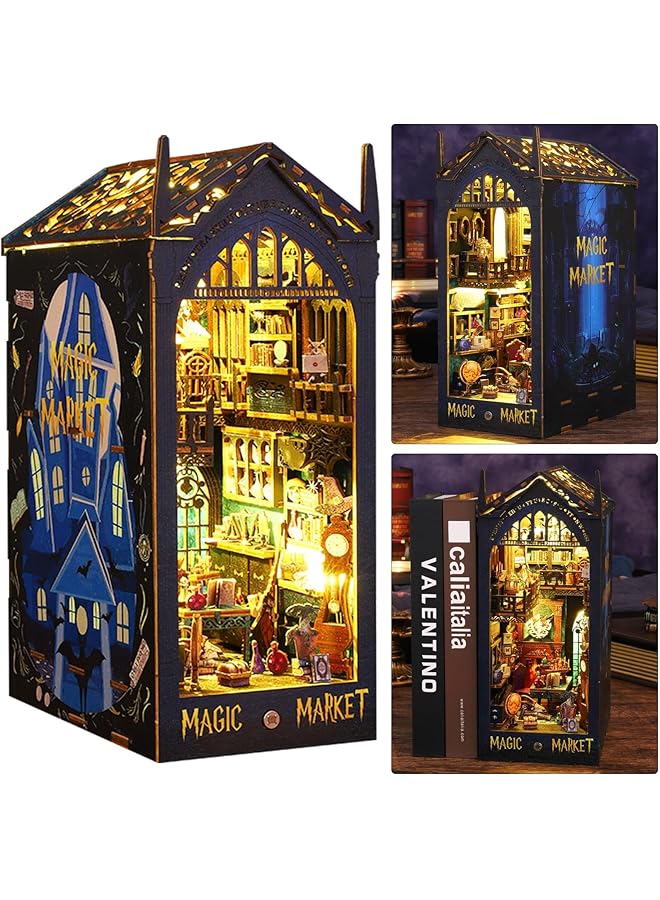 The Bros DIY Book Nook Kit, 3D Wooden Puzzle Bookshelf Insert Decor with LED Light DIY Booknook Bookshelf Insert Decor Bookends Model Build-Creativity Educational Assembled Kits for Kids Adults - Image 1