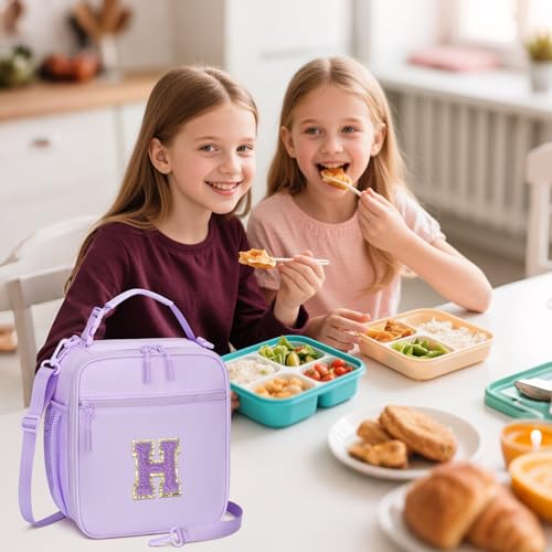 CLOUDWINGS Initial Insulated Lunch Bag for Girls Kids, Back to School Gift, Reusable Leak-proof Lunch Box with Adjustable Strap for School Daycare Travel Picnic (Purple,H) - Image 2