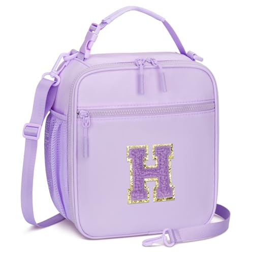 CLOUDWINGS Initial Insulated Lunch Bag for Girls Kids, Back to School Gift, Reusable Leak-proof Lunch Box with Adjustable Strap for School Daycare Travel Picnic (Purple,H) - Image 1