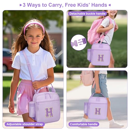 CLOUDWINGS Initial Insulated Lunch Bag for Girls Kids, Back to School Gift, Reusable Leak-proof Lunch Box with Adjustable Strap for School Daycare Travel Picnic (Purple,H) - Image 4