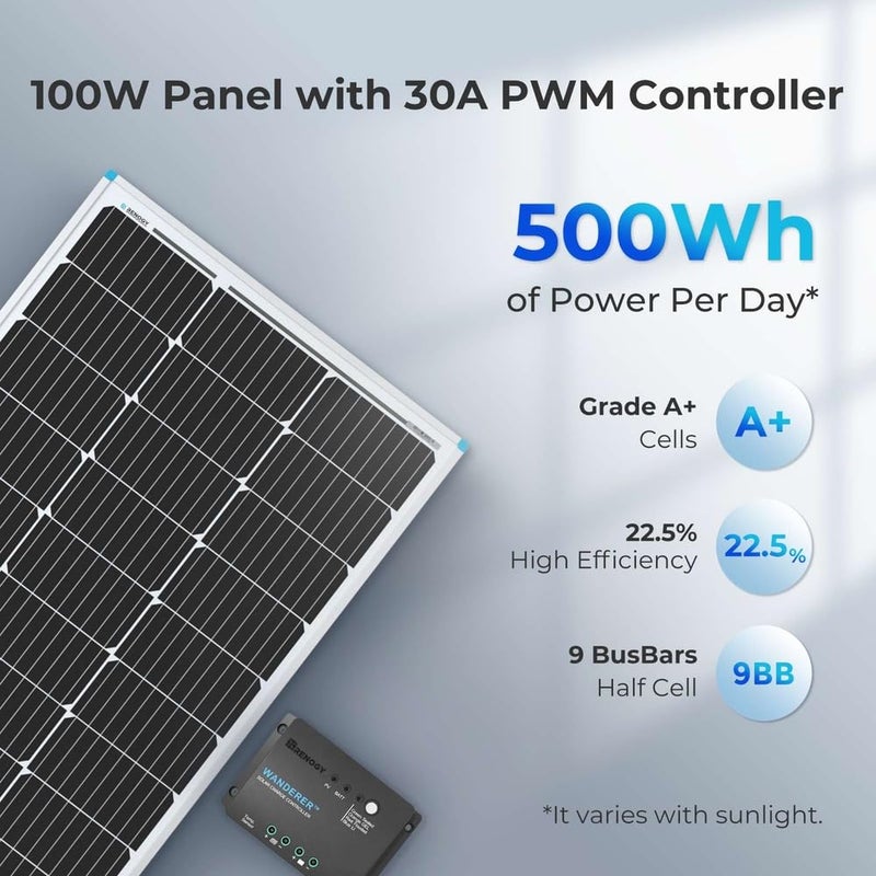 Renogy 100W 12V Solar Panel Starter Kit, 100 Watt Monocrystalline Solar Panel, 30A LCD PWM Charger Controller, Adaptor Kit, Tray Cables, Z Brackets for RV, Camper, and Other Off Grid Applications - Image 2