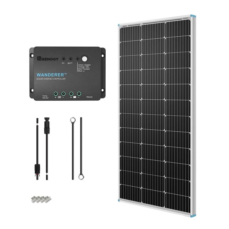 Renogy 100W 12V Solar Panel Starter Kit, 100 Watt Monocrystalline Solar Panel, 30A LCD PWM Charger Controller, Adaptor Kit, Tray Cables, Z Brackets for RV, Camper, and Other Off Grid Applications - Image 1