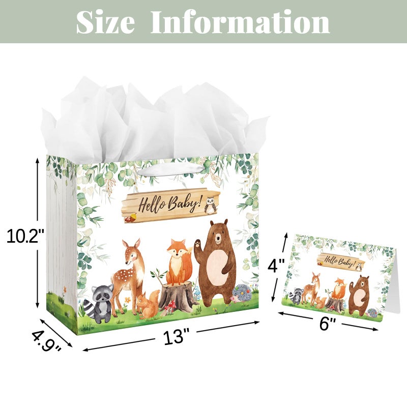 Laidans 13" Large Baby Boy Girl Gift Bag for Baby Shower or Birthday with Handle, Tissue Paper and Greeting Card (Woodland Animals Design) (Large Sage Green) - Image 2