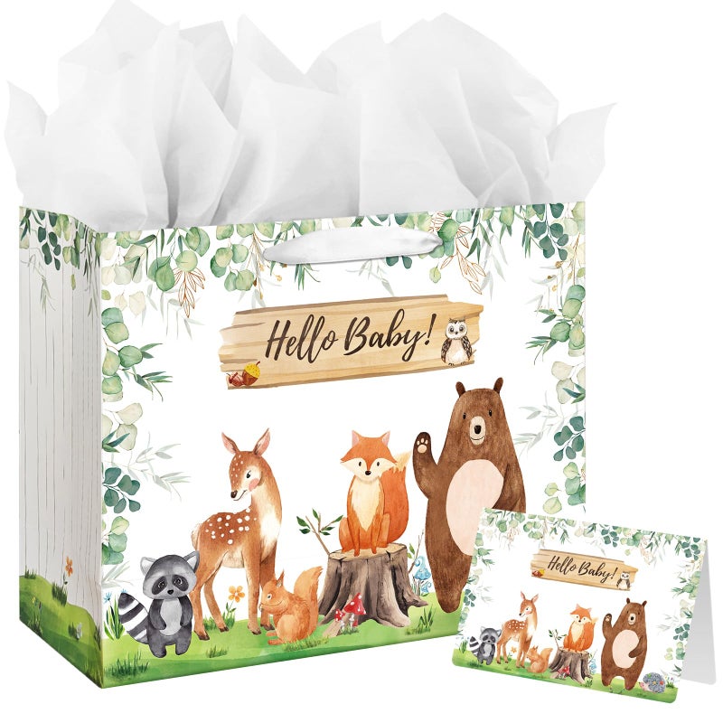 Laidans 13" Large Baby Boy Girl Gift Bag for Baby Shower or Birthday with Handle, Tissue Paper and Greeting Card (Woodland Animals Design) (Large Sage Green) - Image 1