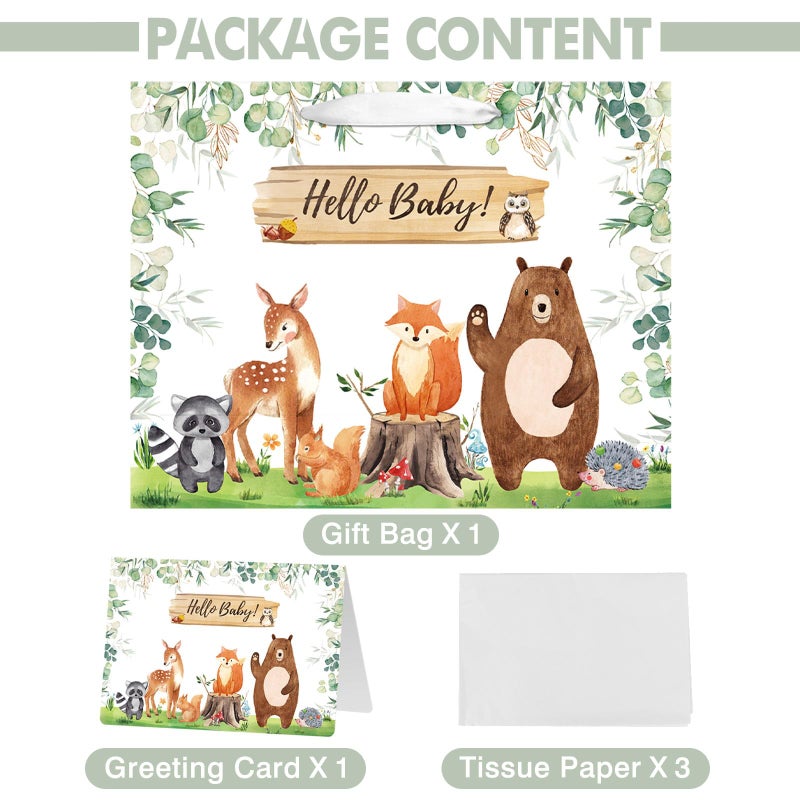 Laidans 13" Large Baby Boy Girl Gift Bag for Baby Shower or Birthday with Handle, Tissue Paper and Greeting Card (Woodland Animals Design) (Large Sage Green) - Image 3