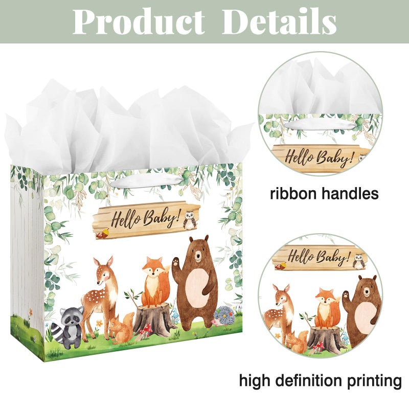 Laidans 13" Large Baby Boy Girl Gift Bag for Baby Shower or Birthday with Handle, Tissue Paper and Greeting Card (Woodland Animals Design) (Large Sage Green) - Image 4