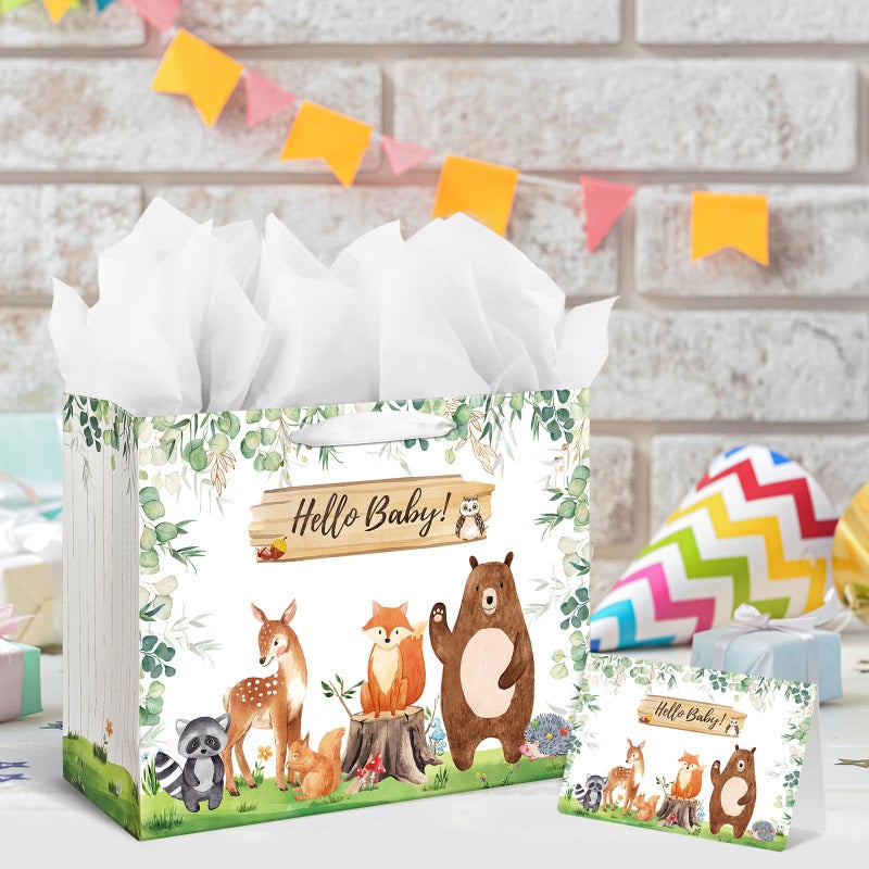 Laidans 13" Large Baby Boy Girl Gift Bag for Baby Shower or Birthday with Handle, Tissue Paper and Greeting Card (Woodland Animals Design) (Large Sage Green) - Image 5