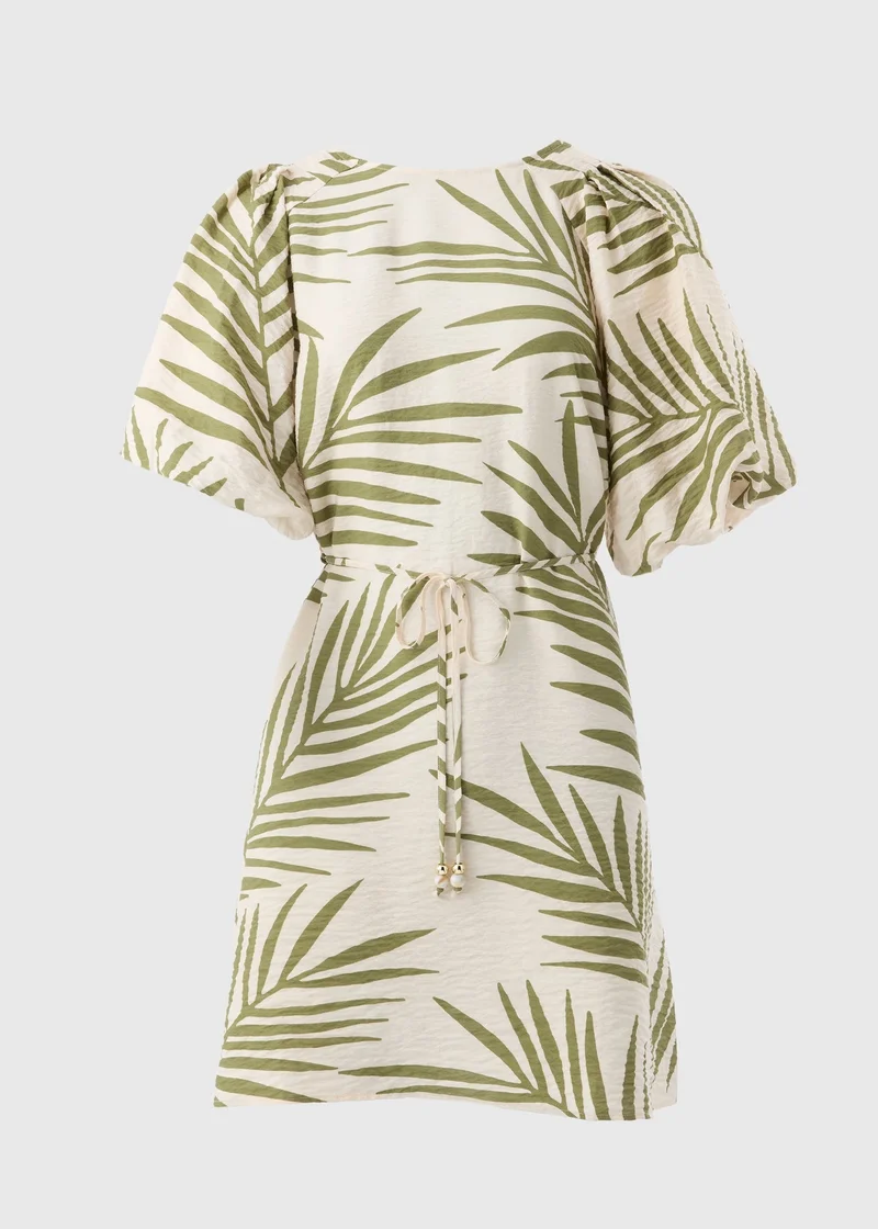 Matalan Et Vous Green/White Leaf Print Puff Sleeve Mini Dress