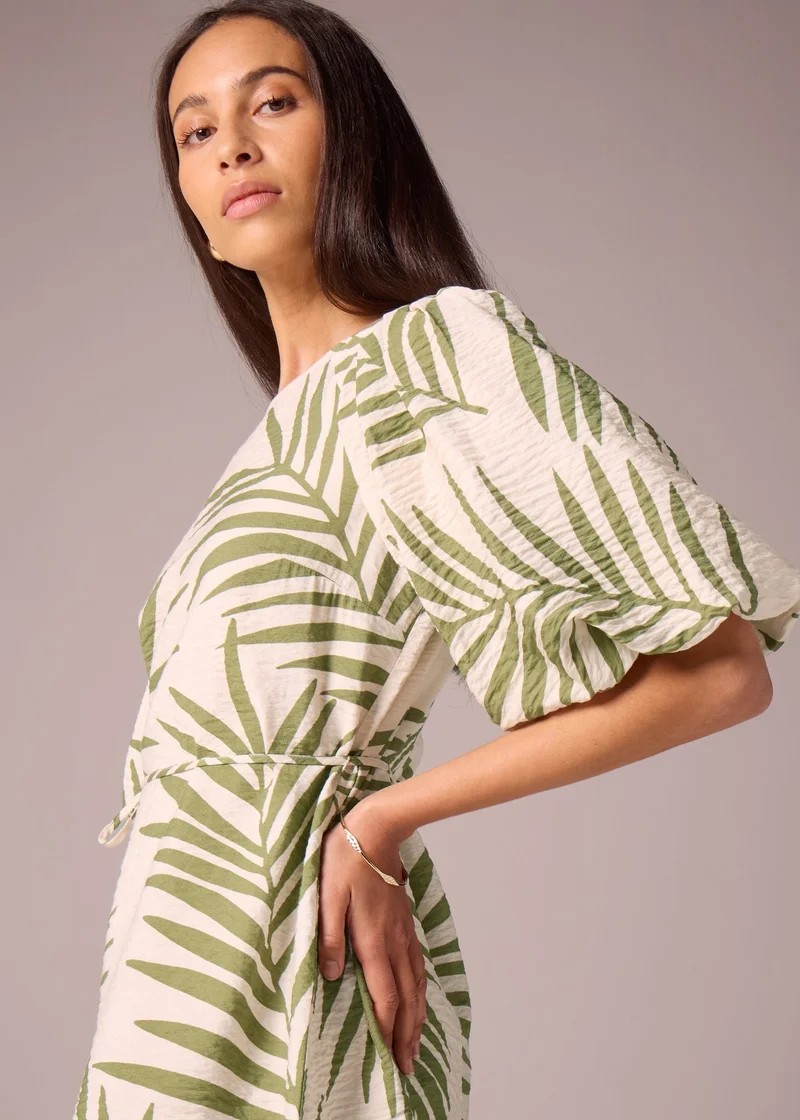 Matalan Et Vous Green/White Leaf Print Puff Sleeve Mini Dress