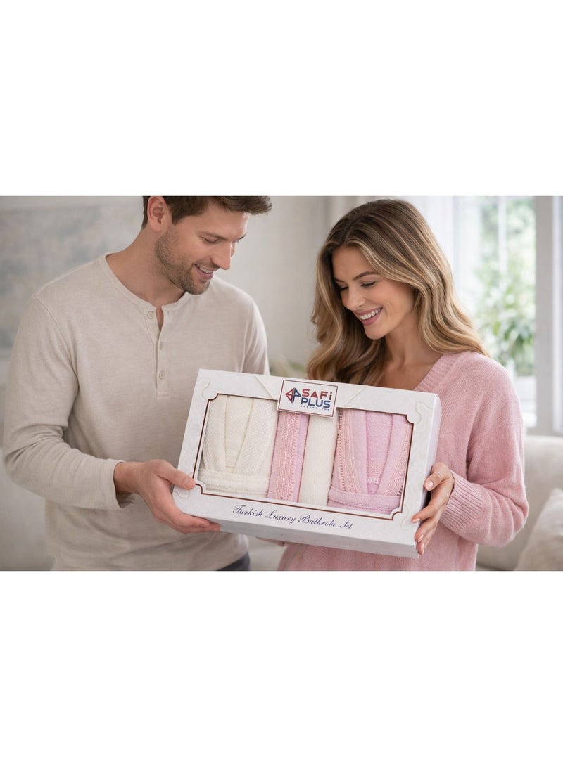 Safi Plus 2 Piece Couple Bathrobe & 4 Piece Towels Set - Premium Quality, Soft & Absorbent Turkish Cotton, 6-Piece Family Pack (Cream/Pink) - Image 5