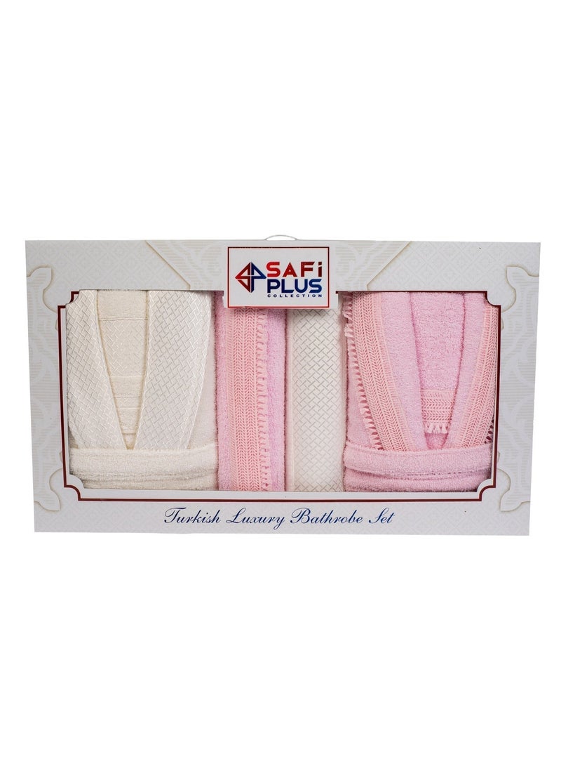 Safi Plus 2 Piece Couple Bathrobe & 4 Piece Towels Set - Premium Quality, Soft & Absorbent Turkish Cotton, 6-Piece Family Pack (Cream/Pink) - Image 2