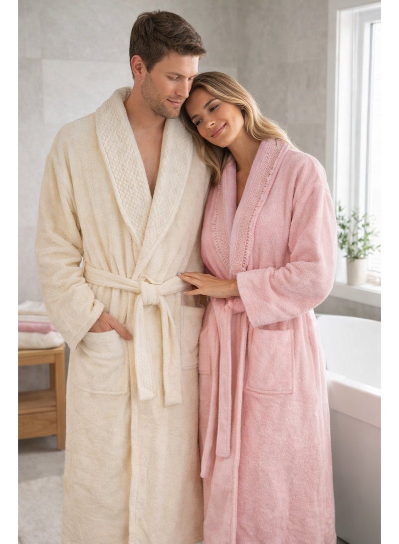 Safi Plus 2 Piece Couple Bathrobe & 4 Piece Towels Set - Premium Quality, Soft & Absorbent Turkish Cotton, 6-Piece Family Pack (Cream/Pink) - Image 1