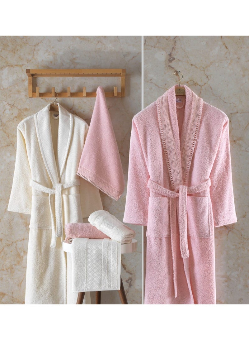 Safi Plus 2 Piece Couple Bathrobe & 4 Piece Towels Set - Premium Quality, Soft & Absorbent Turkish Cotton, 6-Piece Family Pack (Cream/Pink) - Image 4