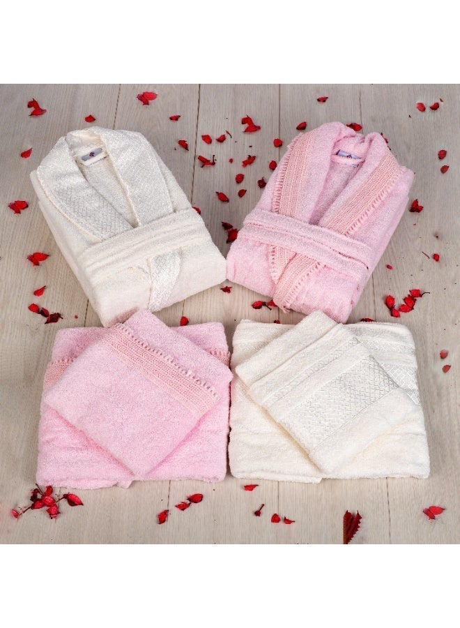 Safi Plus 2 Piece Couple Bathrobe & 4 Piece Towels Set - Premium Quality, Soft & Absorbent Turkish Cotton, 6-Piece Family Pack (Cream/Pink) - Image 3