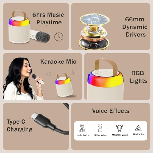 pTron Newly Launched Fusion Bliss 16W Bluetooth Speaker with Wireless Karaoke Mic, 6H Playtime, Vibrant RGB Lights, Voice Effects,Multi-Play Modes BT5.3/TF Card & Type-C Charging Port (Light Cream) - Image 2