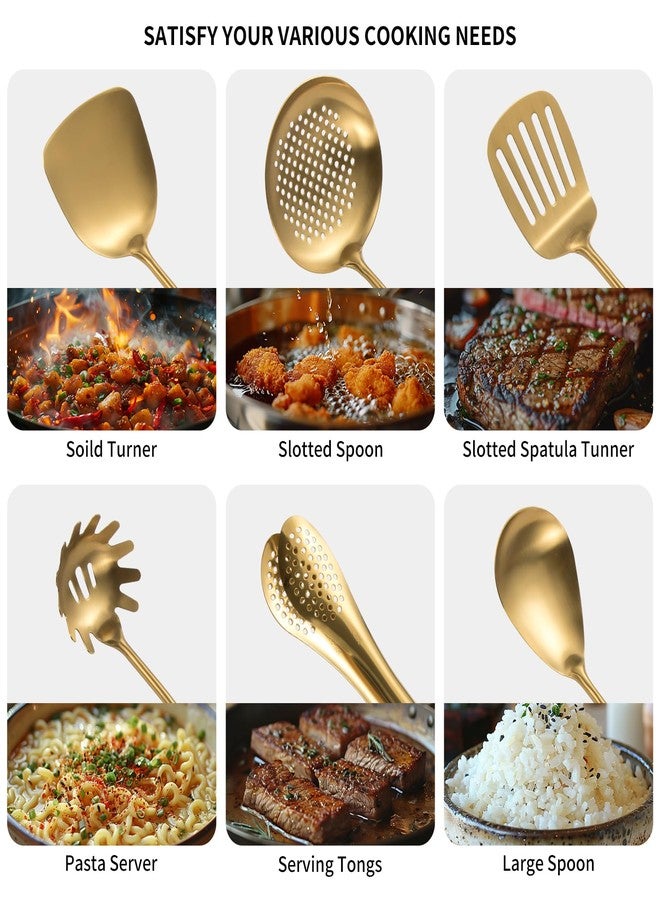 Lazycorner 304 Stainlss Steel Kitchen Utensils Set, 11 Pcs Long Metal Cooking Utensil Gadgets Tools Set with Spatula, Spoon, Ladle, Skimmer, Tunner, Pasta Server, Tongs(Gold, Dishwasher Safe) - Image 3