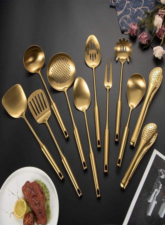 Lazycorner 304 Stainlss Steel Kitchen Utensils Set, 11 Pcs Long Metal Cooking Utensil Gadgets Tools Set with Spatula, Spoon, Ladle, Skimmer, Tunner, Pasta Server, Tongs(Gold, Dishwasher Safe) - Image 2