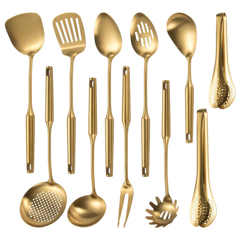 Lazycorner 304 Stainlss Steel Kitchen Utensils Set, 11 Pcs Long Metal Cooking Utensil Gadgets Tools Set with Spatula, Spoon, Ladle, Skimmer, Tunner, Pasta Server, Tongs(Gold, Dishwasher Safe) - Image 1