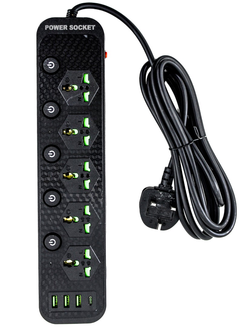 AL QADAH Premium Power Extension Cord 5 Outlets 3 USB Ports 1 USB-C 3M Cable Overload Protection Flame Retardant Smart Chip 150C Heat Resistant 3000W Black  - Image 1