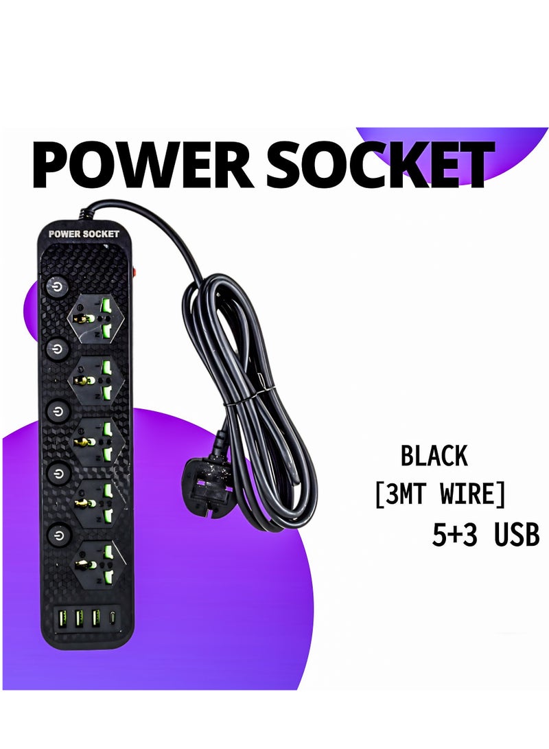 AL QADAH Premium Power Extension Cord 5 Outlets 3 USB Ports 1 USB-C 3M Cable Overload Protection Flame Retardant Smart Chip 150C Heat Resistant 3000W Black  - Image 3