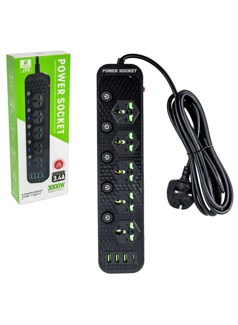 AL QADAH Premium Power Extension Cord 5 Outlets 3 USB Ports 1 USB-C 3M Cable Overload Protection Flame Retardant Smart Chip 150C Heat Resistant 3000W Black  - Image 5