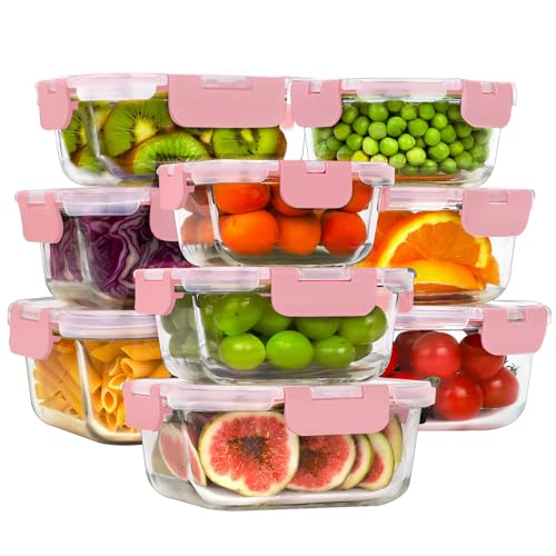 HOMBERKING Glass Food Storage Containers with Lids, [18 Piece] Glass Meal Prep Containers, Airtight Lunch Bento Boxes, BPA-Free & Leak Proof (9 lids & 9 Containers) - Pink - Image 1