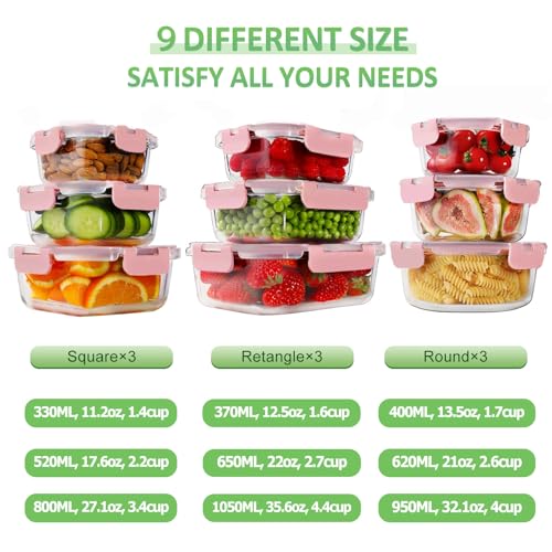 HOMBERKING Glass Food Storage Containers with Lids, [18 Piece] Glass Meal Prep Containers, Airtight Lunch Bento Boxes, BPA-Free & Leak Proof (9 lids & 9 Containers) - Pink - Image 2