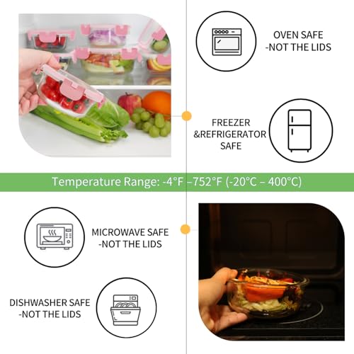 HOMBERKING Glass Food Storage Containers with Lids, [18 Piece] Glass Meal Prep Containers, Airtight Lunch Bento Boxes, BPA-Free & Leak Proof (9 lids & 9 Containers) - Pink - Image 3