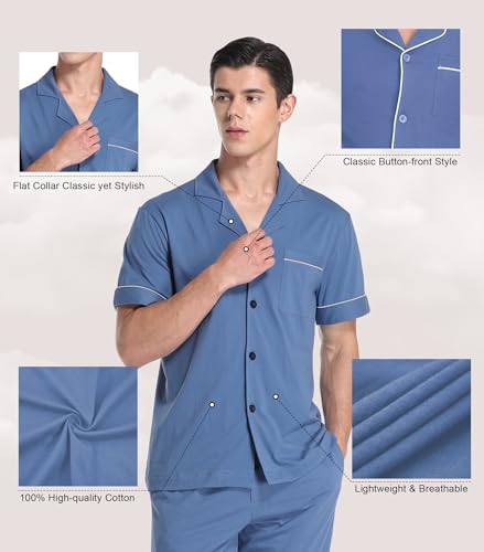 COLORFULLEAF Men's 100% Cotton Pajamas Set Button Down Sleepwear Short Sleeve and Long Pants Pjs (Blue,L) - Image 2