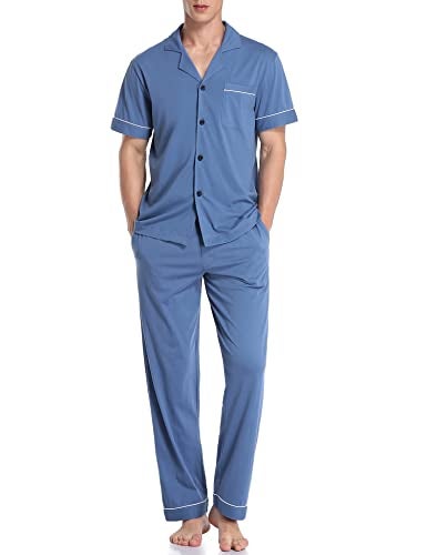 COLORFULLEAF Men's 100% Cotton Pajamas Set Button Down Sleepwear Short Sleeve and Long Pants Pjs (Blue,L) - Image 1