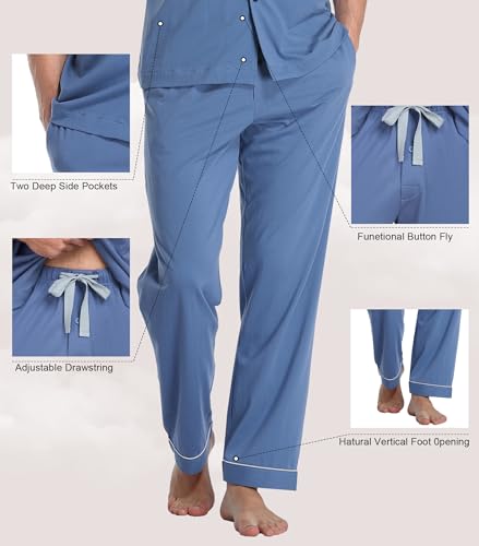 COLORFULLEAF Men's 100% Cotton Pajamas Set Button Down Sleepwear Short Sleeve and Long Pants Pjs (Blue,L) - Image 3