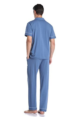 COLORFULLEAF Men's 100% Cotton Pajamas Set Button Down Sleepwear Short Sleeve and Long Pants Pjs (Blue,L) - Image 5
