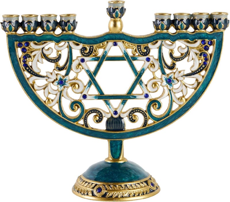 NIKKY HOME شمعدان حانوكا، شمعدان يهودي معدني، حامل شموع فني يناسب جميع شموع حانوكا القياسية تصميم عتيق للديكور الروحي والديني والمنزلي - تركواز - Image 1