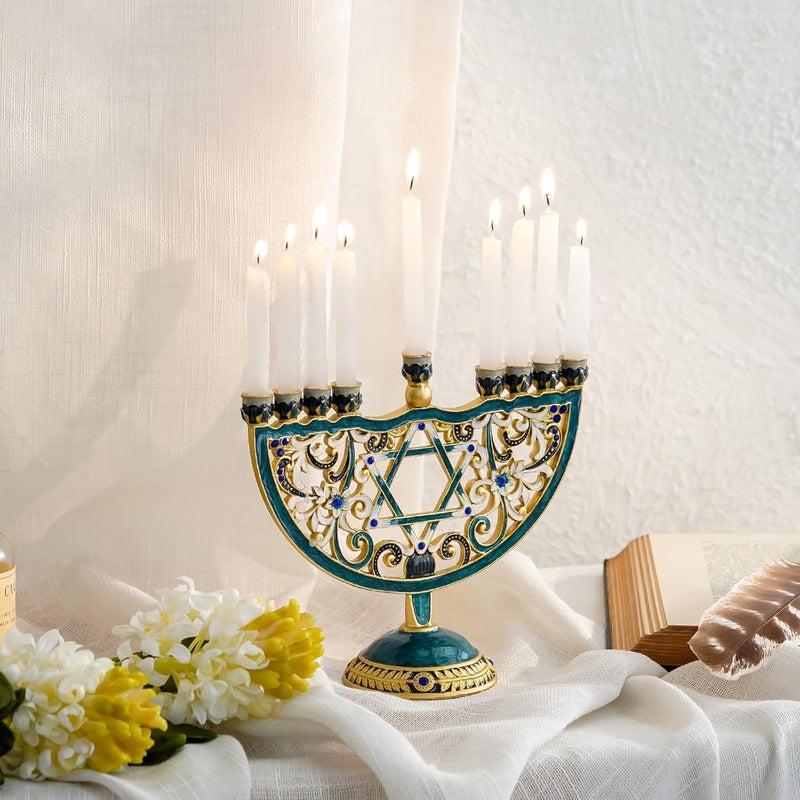 NIKKY HOME شمعدان حانوكا، شمعدان يهودي معدني، حامل شموع فني يناسب جميع شموع حانوكا القياسية تصميم عتيق للديكور الروحي والديني والمنزلي - تركواز - Image 3