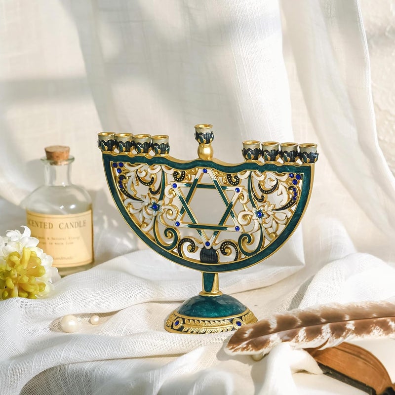 NIKKY HOME شمعدان حانوكا، شمعدان يهودي معدني، حامل شموع فني يناسب جميع شموع حانوكا القياسية تصميم عتيق للديكور الروحي والديني والمنزلي - تركواز - Image 2