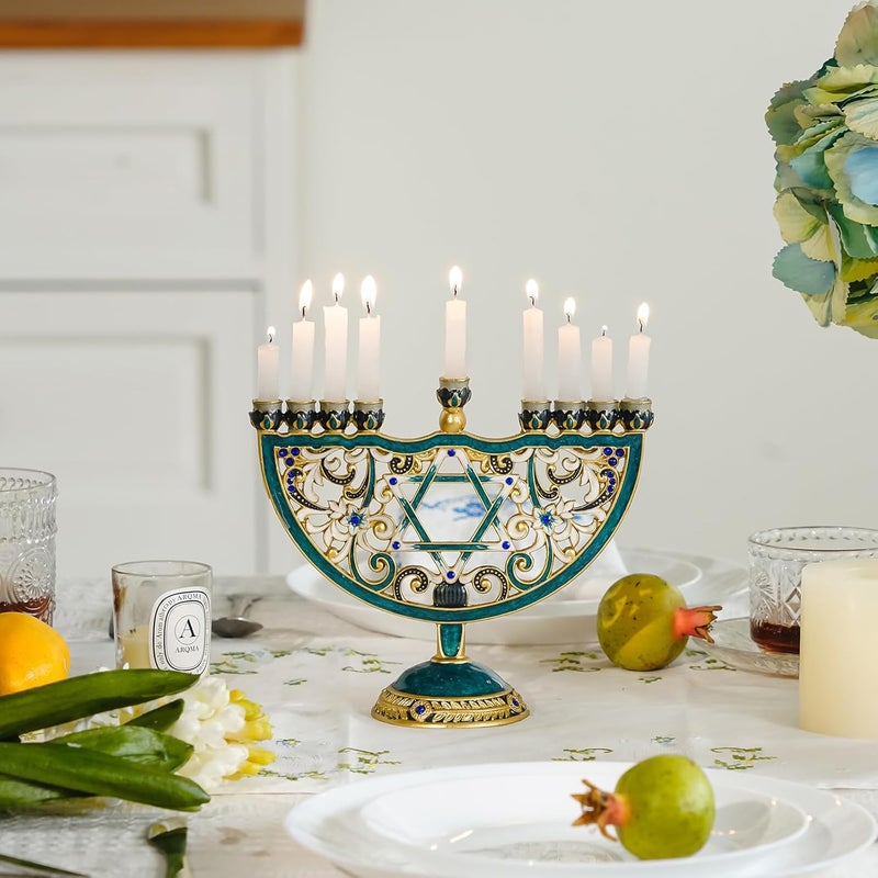 NIKKY HOME شمعدان حانوكا، شمعدان يهودي معدني، حامل شموع فني يناسب جميع شموع حانوكا القياسية تصميم عتيق للديكور الروحي والديني والمنزلي - تركواز - Image 4