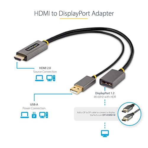 StarTech.com 1ft (30cm) HDMI to DisplayPort Adapter Cable, Active 4K 60Hz HDMI 2.0 to DP 1.2 Converter, HDR, USB Bus Powered, HDMI Source to DisplayPort Monitor for Laptops/PC (128-HDMI-DISPLAYPORT) - Image 3