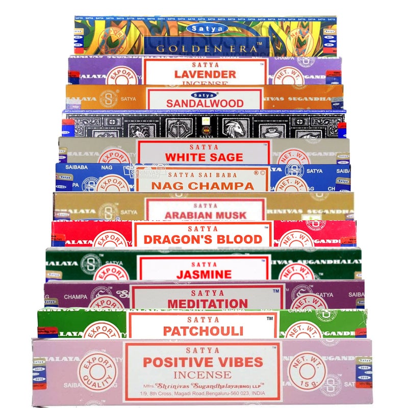 SAMASIA Satya Mix 12 incense set 2  Positive Vibes Patchouli Meditation Jasmine Dragons Blood Arabian Musk Agarbatti White Sage Super Hit Sandalwood Lavender etc  with incense holder