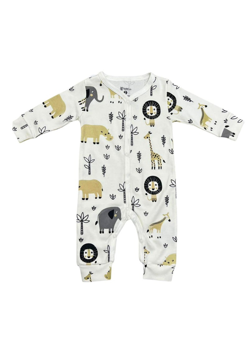 هابى لايف مجموعة من قطعتين من ملابس النوم المطبوعة على شكل حيوانات للأطفال، رومبر قطني أبيض بأكمام طويلة وأزرار كبس - Image 3