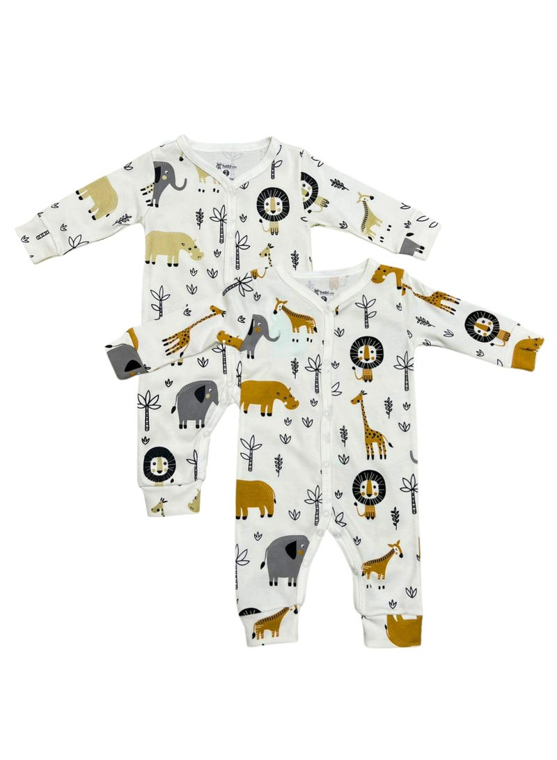 هابى لايف مجموعة من قطعتين من ملابس النوم المطبوعة على شكل حيوانات للأطفال، رومبر قطني أبيض بأكمام طويلة وأزرار كبس - Image 1