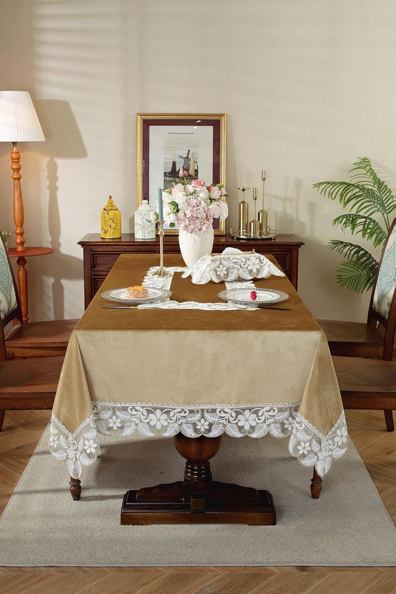 MONKDECOR OF Beautiful Premium Design Velvet Lace Embroidery 6 Seater Dining Table Cover Size60x90 Inches Gold - Image 2