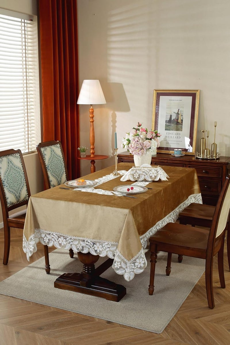 MONKDECOR OF Beautiful Premium Design Velvet Lace Embroidery 6 Seater Dining Table Cover Size60x90 Inches Gold - Image 1