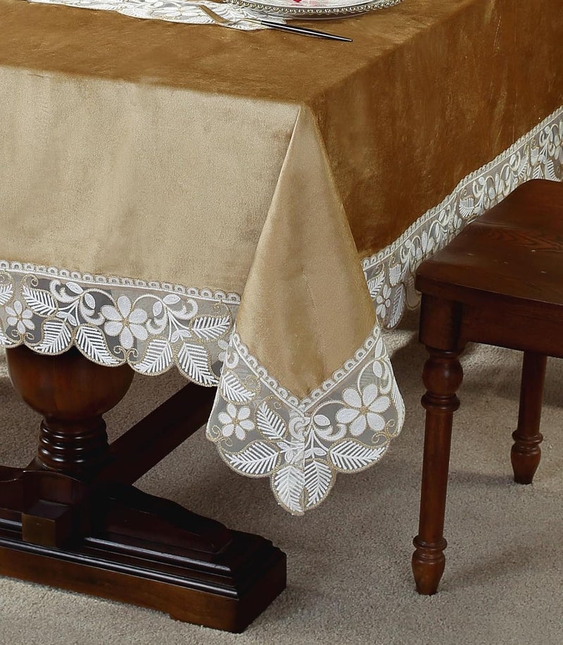 MONKDECOR OF Beautiful Premium Design Velvet Lace Embroidery 6 Seater Dining Table Cover Size60x90 Inches Gold - Image 3
