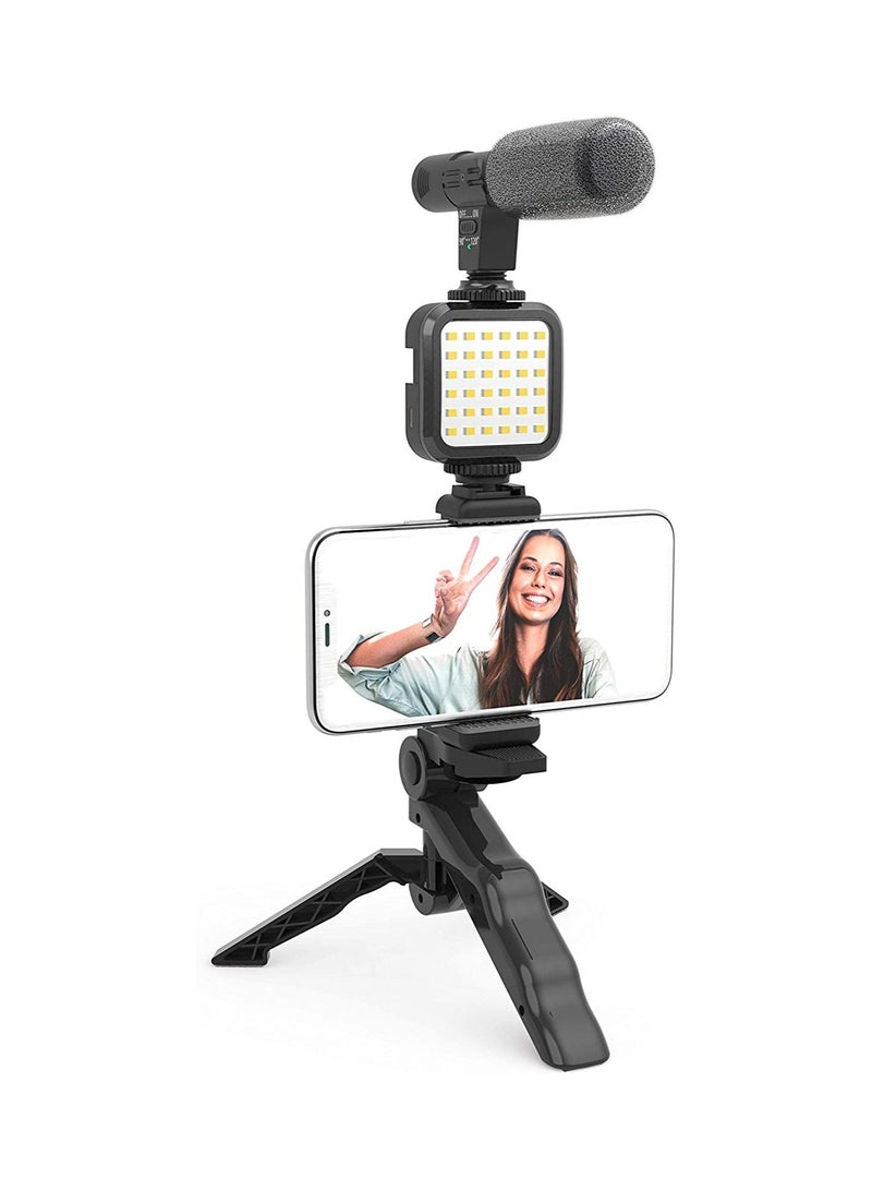 Vlogging"Like Me" LED Video Light + Microphone + Mobile Phone Holder + Hand Grip/Mini Tripod Compatible with Smartphones for TikTok, Youtube - Image 1