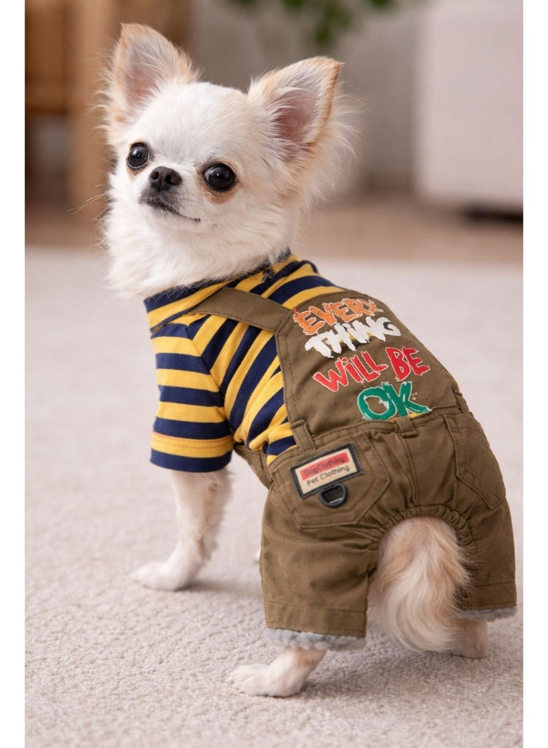 Pet Clothing Overalls with Striped Hoodie, Brown and Yellow, Will Be OK Slogan, Size Small for 1-1.5kg Pets with fur inside - Image 1
