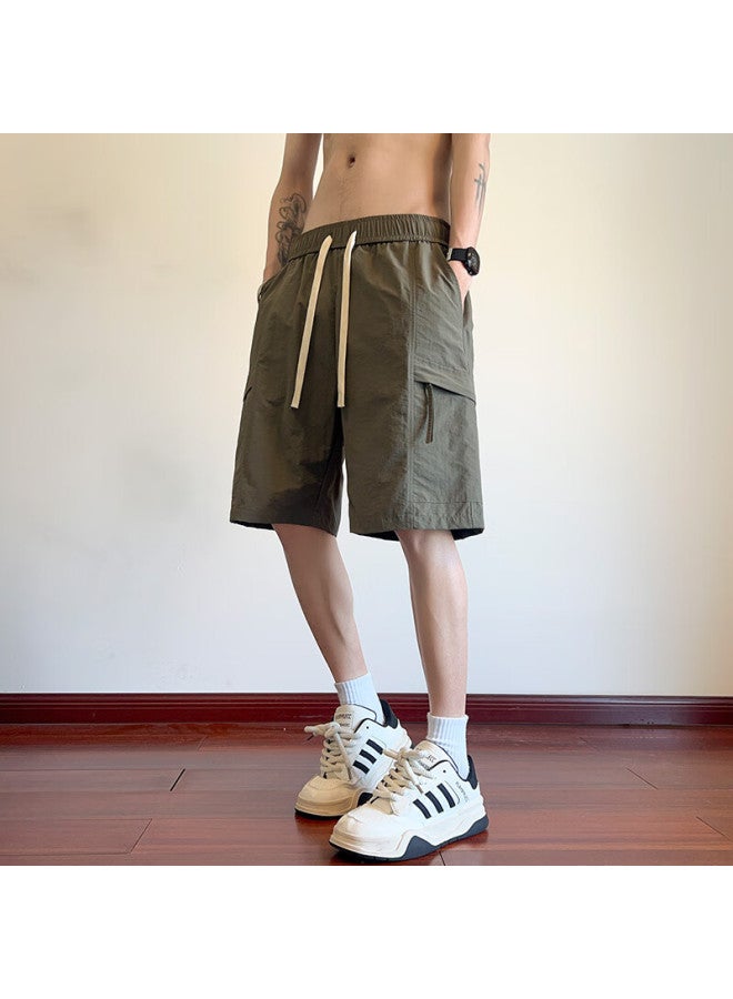Wassup Sohot Men's Summer Ice Silk Cool Feeling Work Pants Men's Trendy Casual Five-point Pants Army Green XL - Image 2